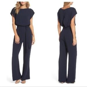 Eliza J Blouson Belted Navy Wide Leg Jumpsuit Size 10 Cap Sleeve Measurements